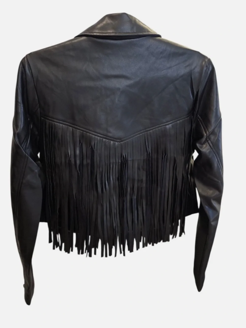 NWT Sofia Vergara Faux Leather Cropped Fringe Zip Up Jacket Ladies Small - Picture 3 of 4